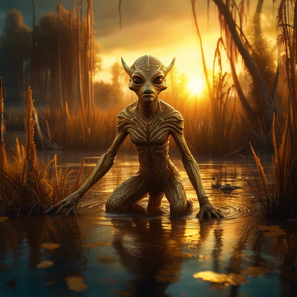 Golden Alien Swamp at Sunset: Photorealistic Wildlife