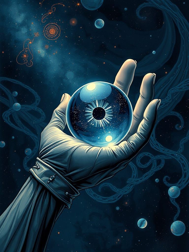 Surreal Space Illustration of a Hand Cradling a Celestial Ey...