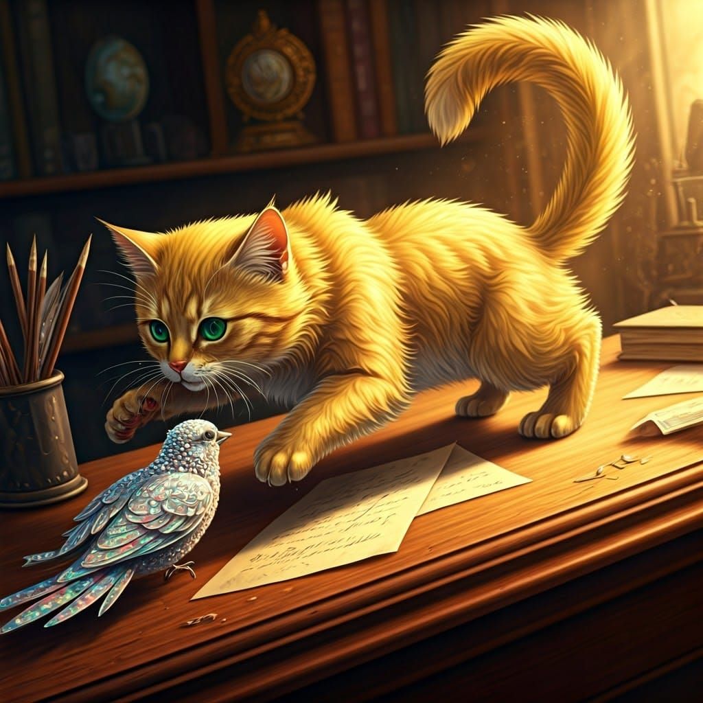 Golden Cat Chasing Silver Bird in Surreal Study