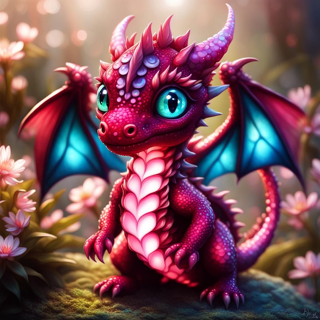 Adorable Crimson Dragon Cub in Bioluminescent Garden
