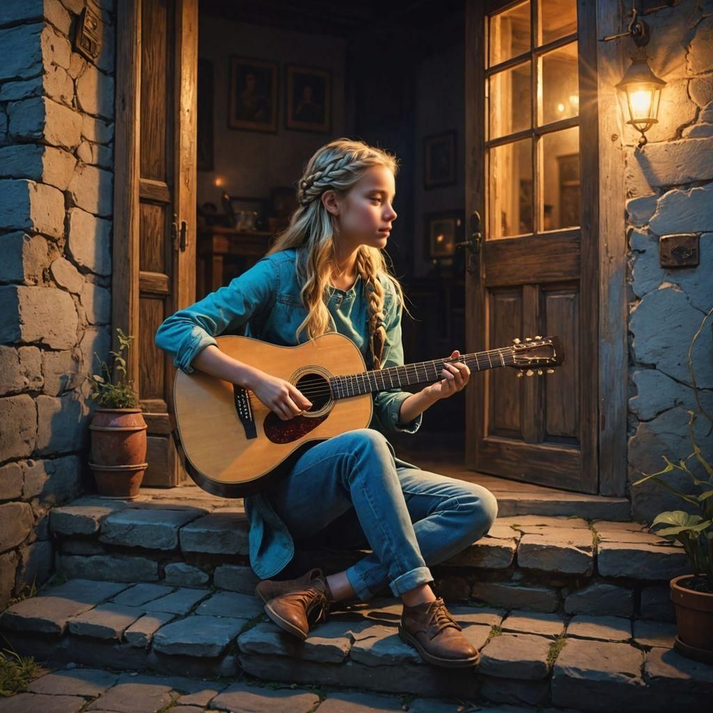 Blonde Girl Plays Guitar in Ancient House