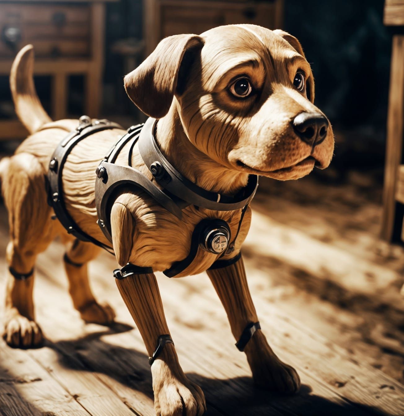 Wooden Dog Sculpture in Cinematic Style