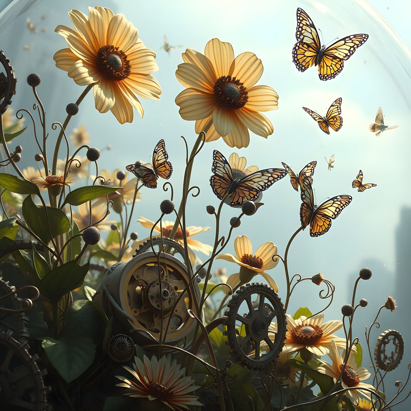 Surreal Garden of Clockwork Blooms in Ethereal Beauty
