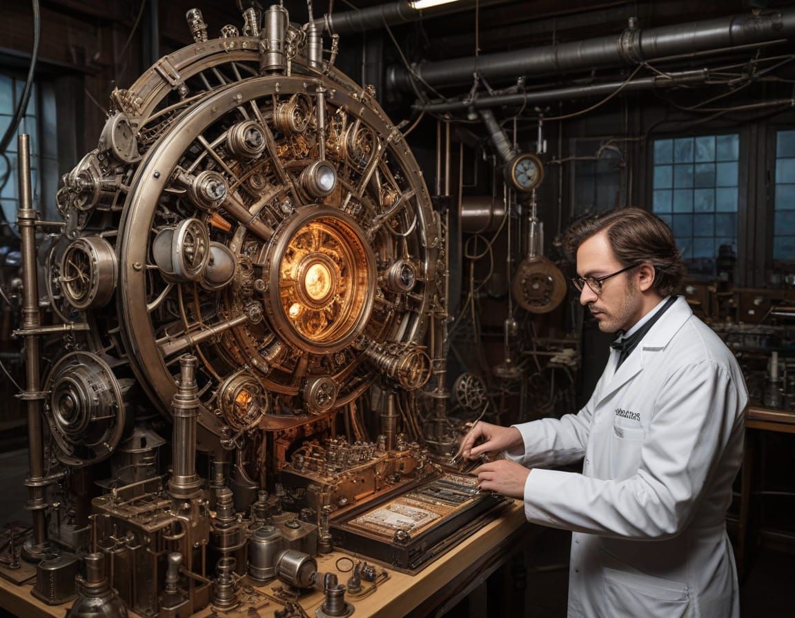 Steampunk Scientist Constructs Futuristic Invention in High-...