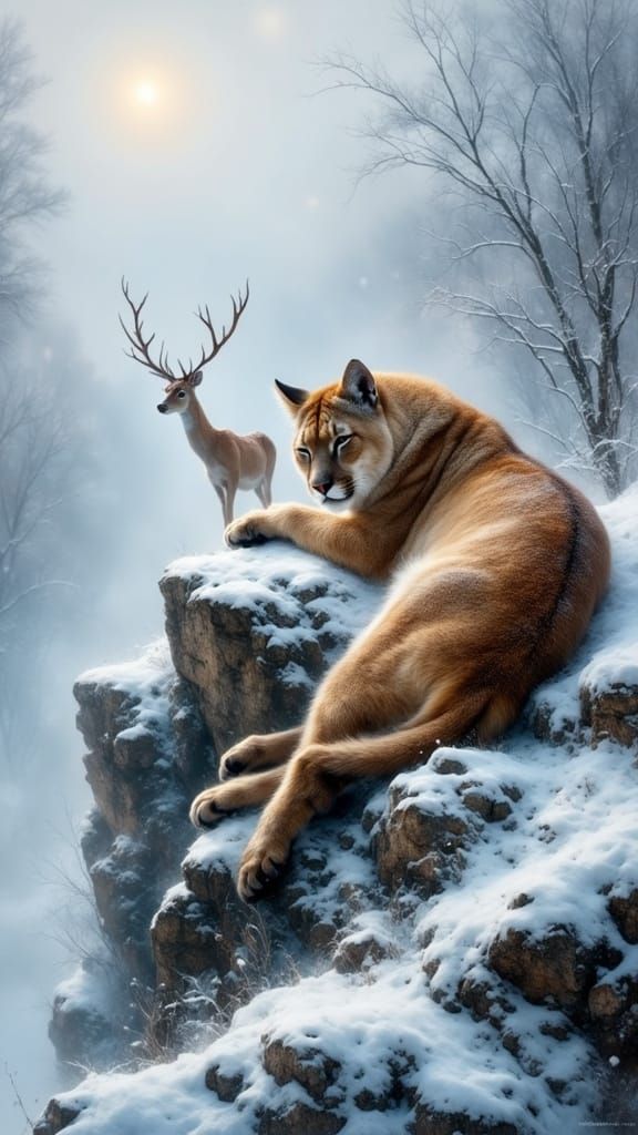 Sleepy Mountain Lion Surveys Snowy Landscape