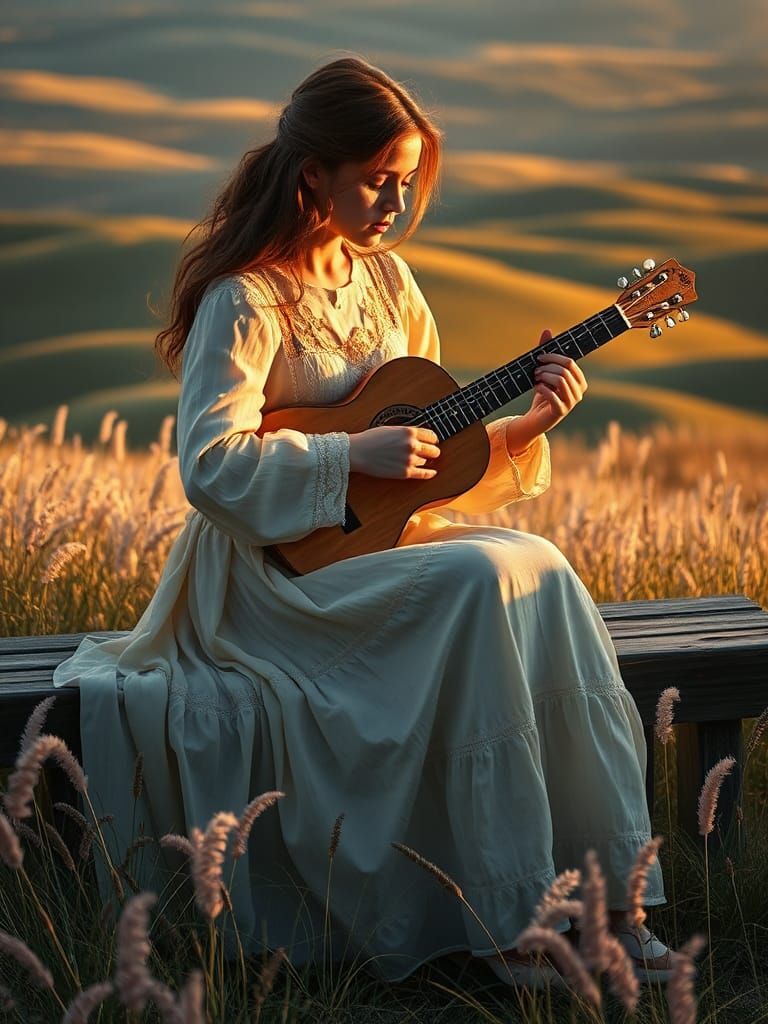 Woman Plays Guitar in Pink Field, as Oil Painting