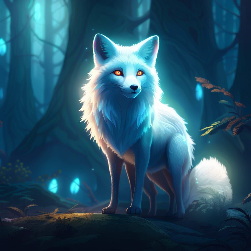 Glowing Fox in Misty Forest: Surreal Oil Painting