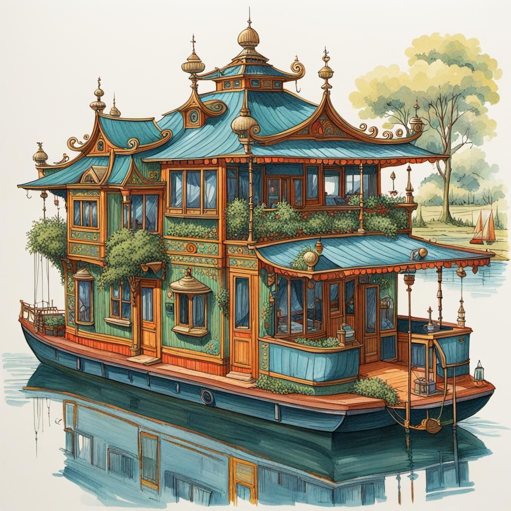 Colorful Drawing of an Elaborate Houseboat