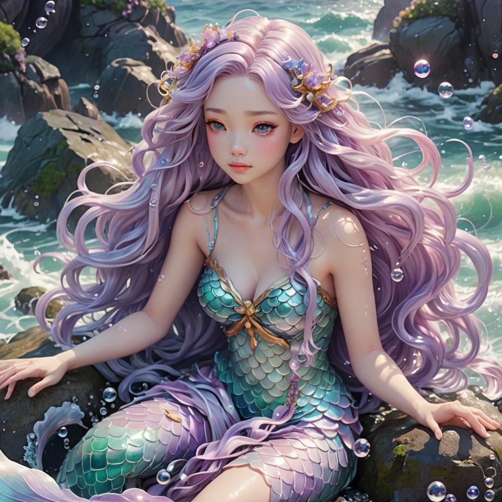 Anime Mermaid with Lilac Hair in Ocean