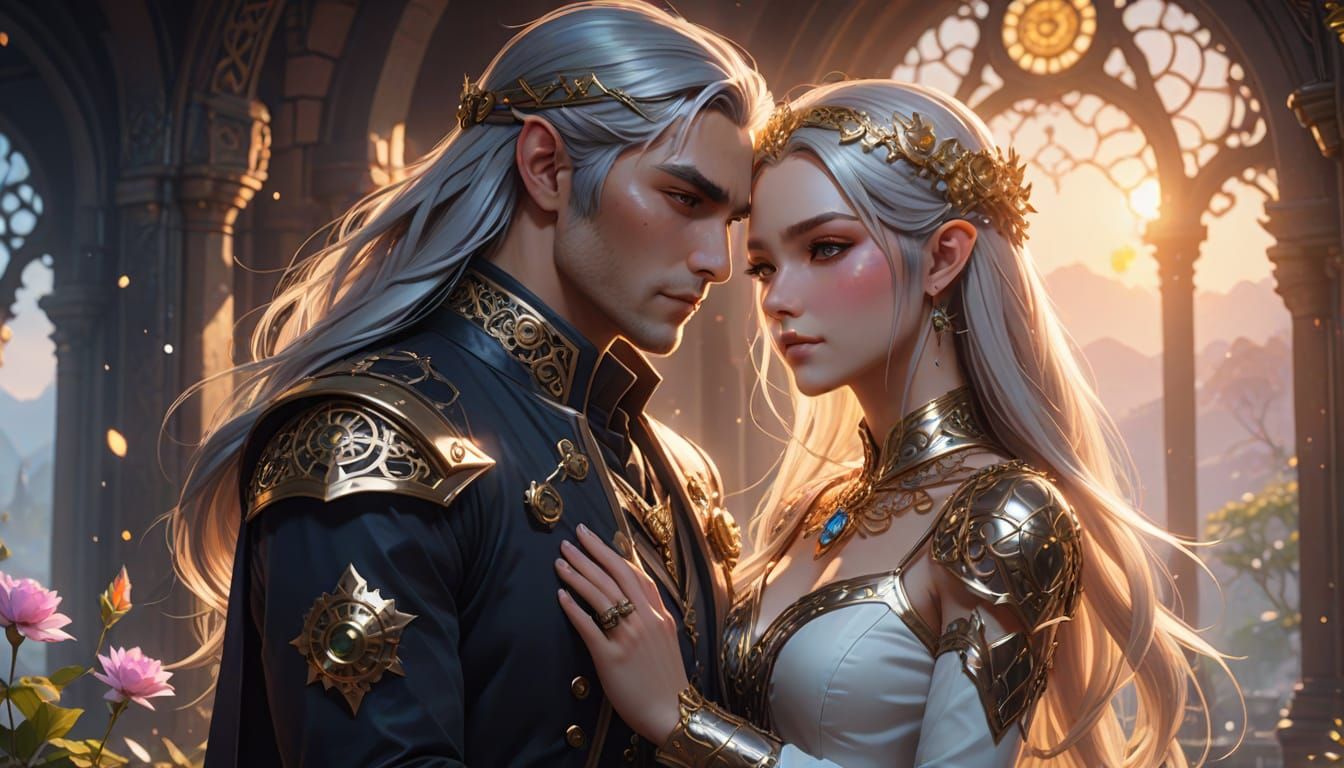 Steampunk Elven Couple Embrace in Anime Style