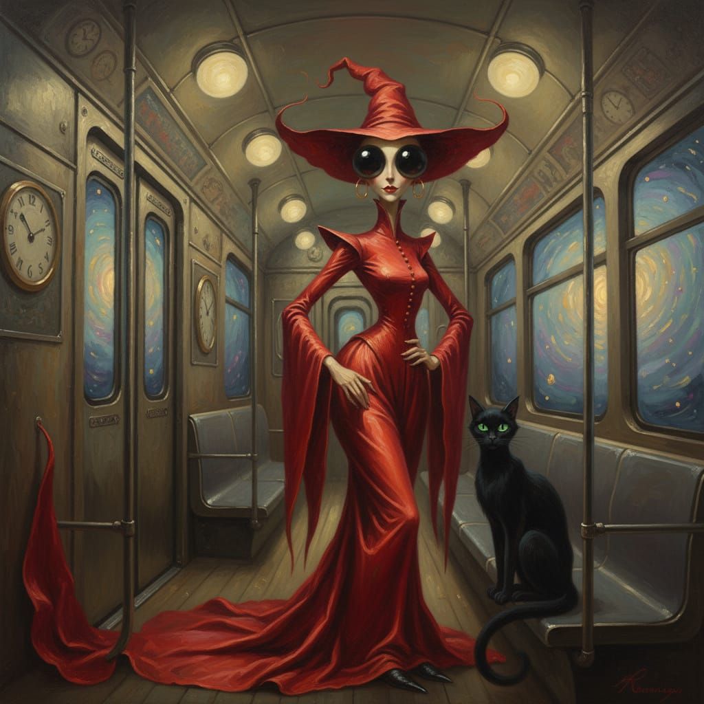 Whimsical Witch and Black Cat in Surreal Subway