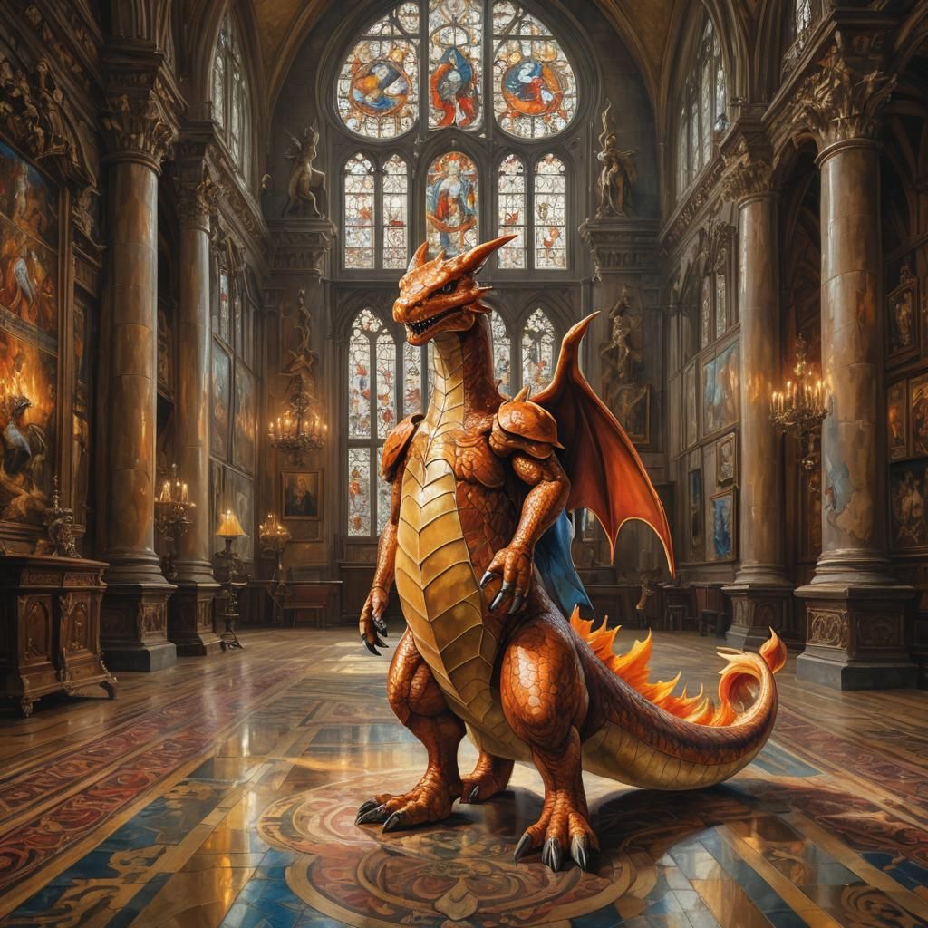 Charizard in Ornate Hall as Oil Painting