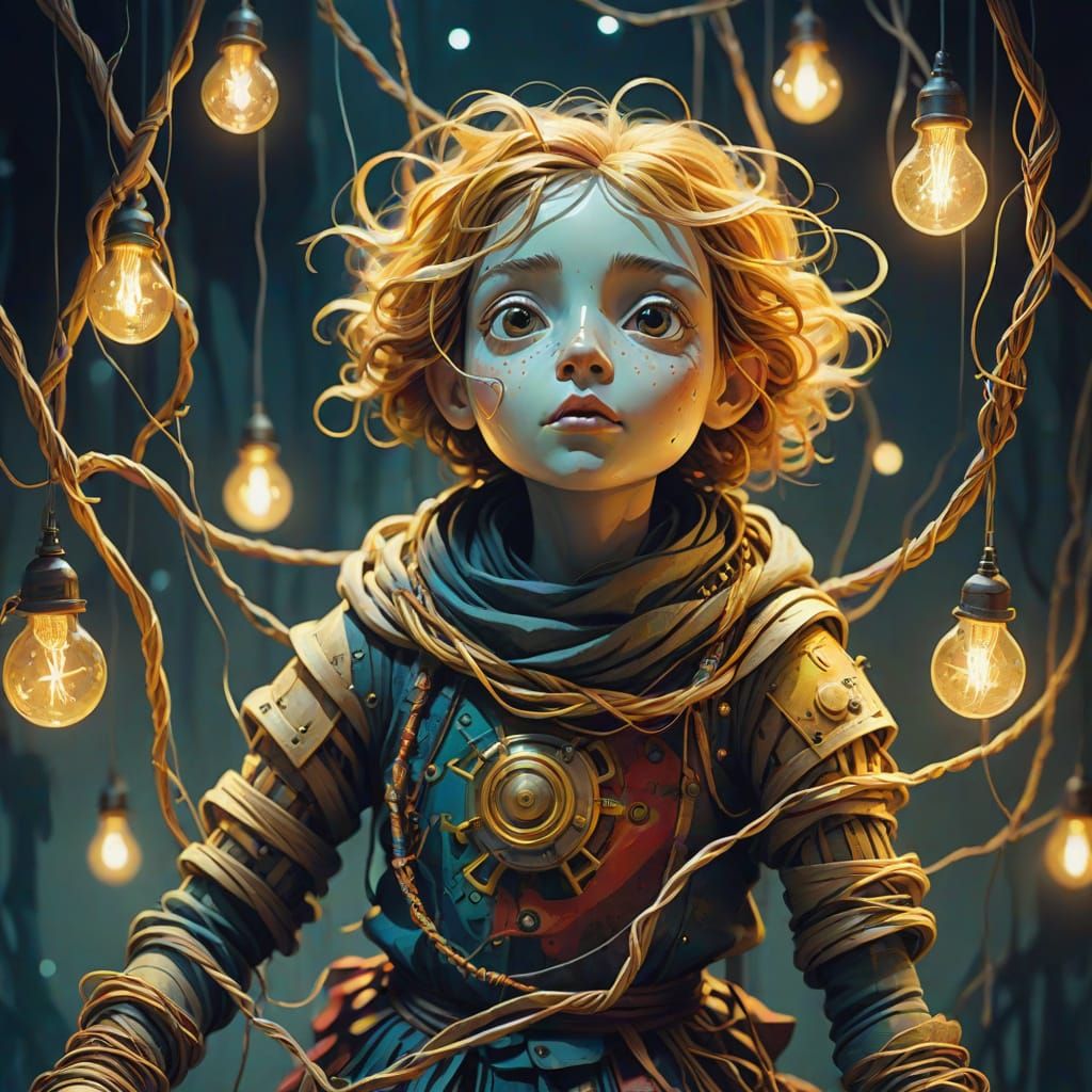 Surreal Tangled Puppet in Dreamlike Scene