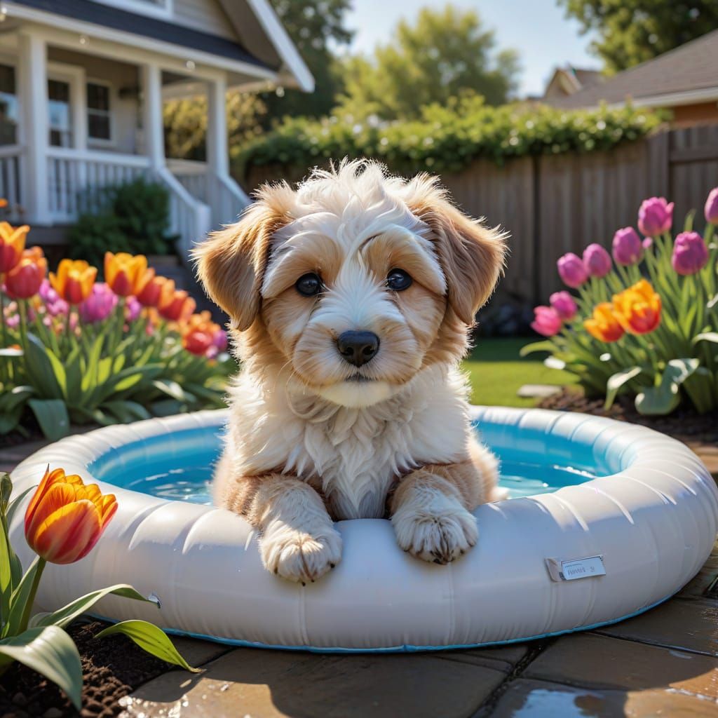 Whimsical Mini Berne-Doodle Puppy in Charming Backyard