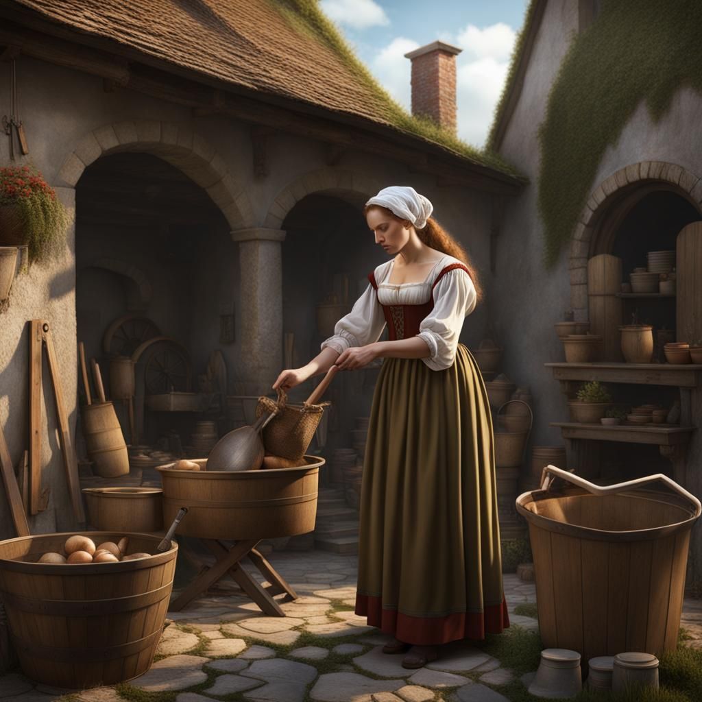 Renaissance Woman Doing Chores: Detailed Matte Painting