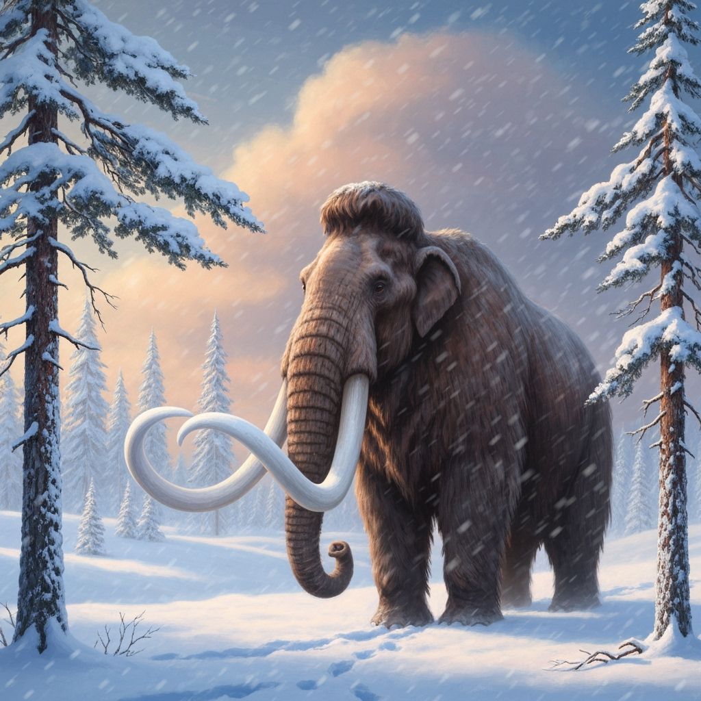 Woolly Mammoth in Snowy Valley: Pastel Painting