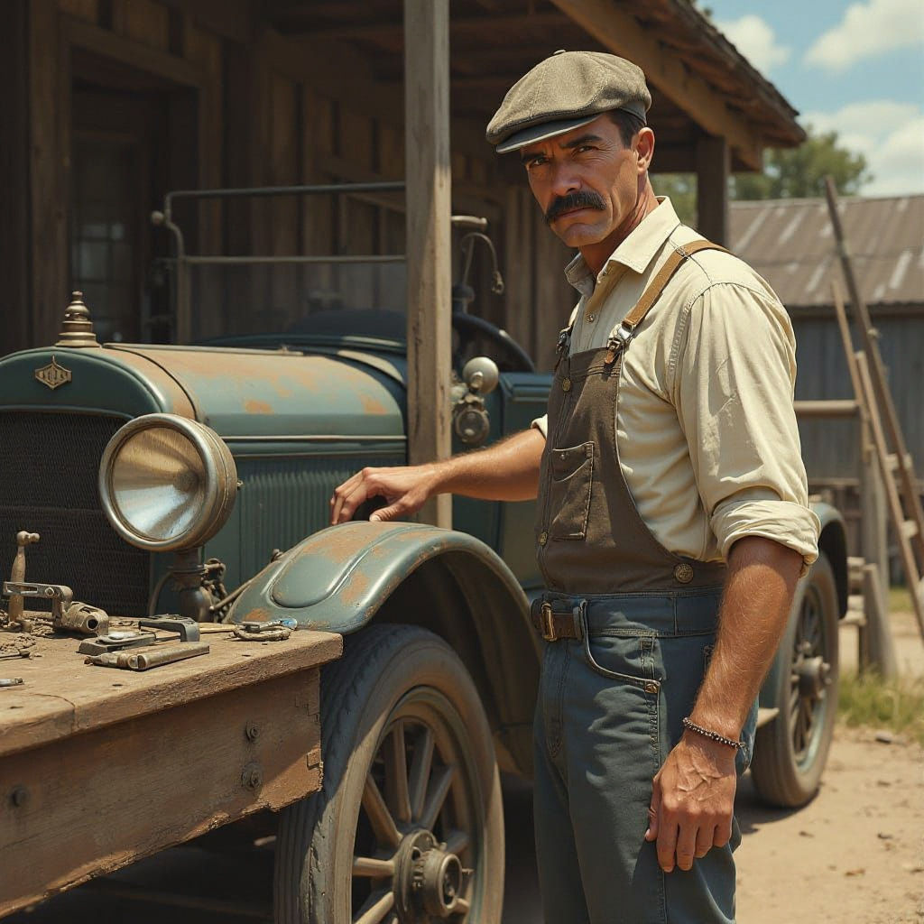 Vintage Mechanic Working on a Model T Ford
