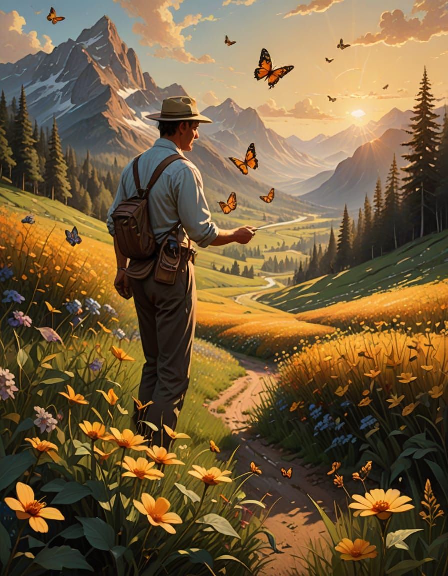 Man in a Field of Butterflies, a Photorealistic Oil Painting