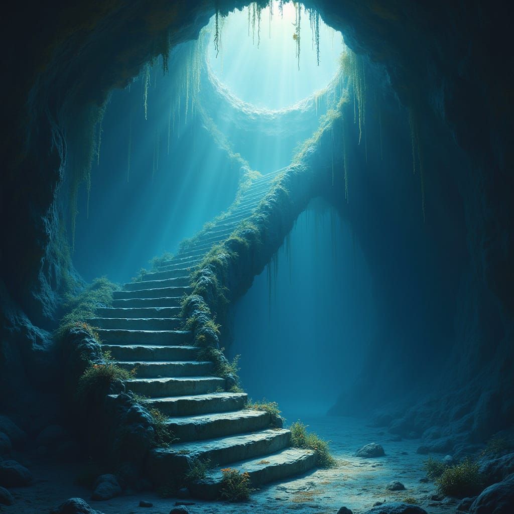 Ethereal Crystal Water Staircase in Hyperdetailed Dreamscape