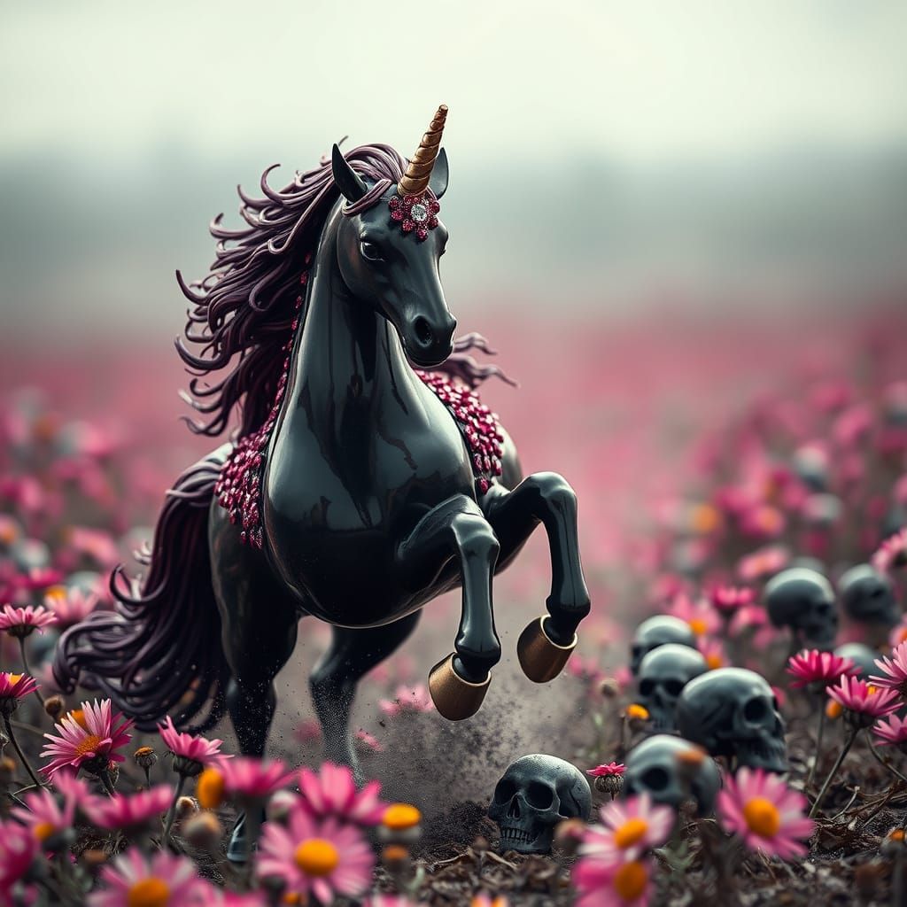Glossy Black Unicorn Galloping Through Nightmare Landscape