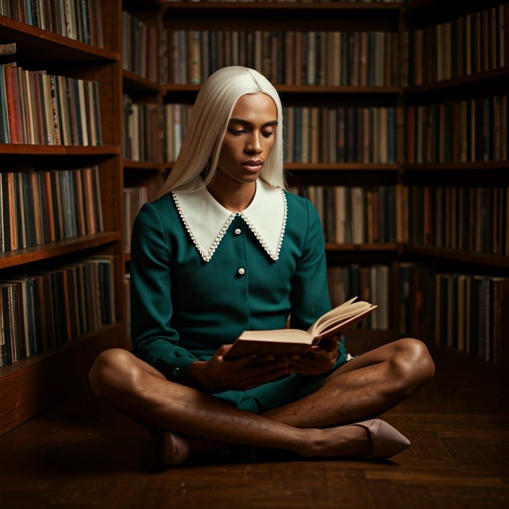 Elegant, Androgynous Young Man in Emerald Green Minidress, L...