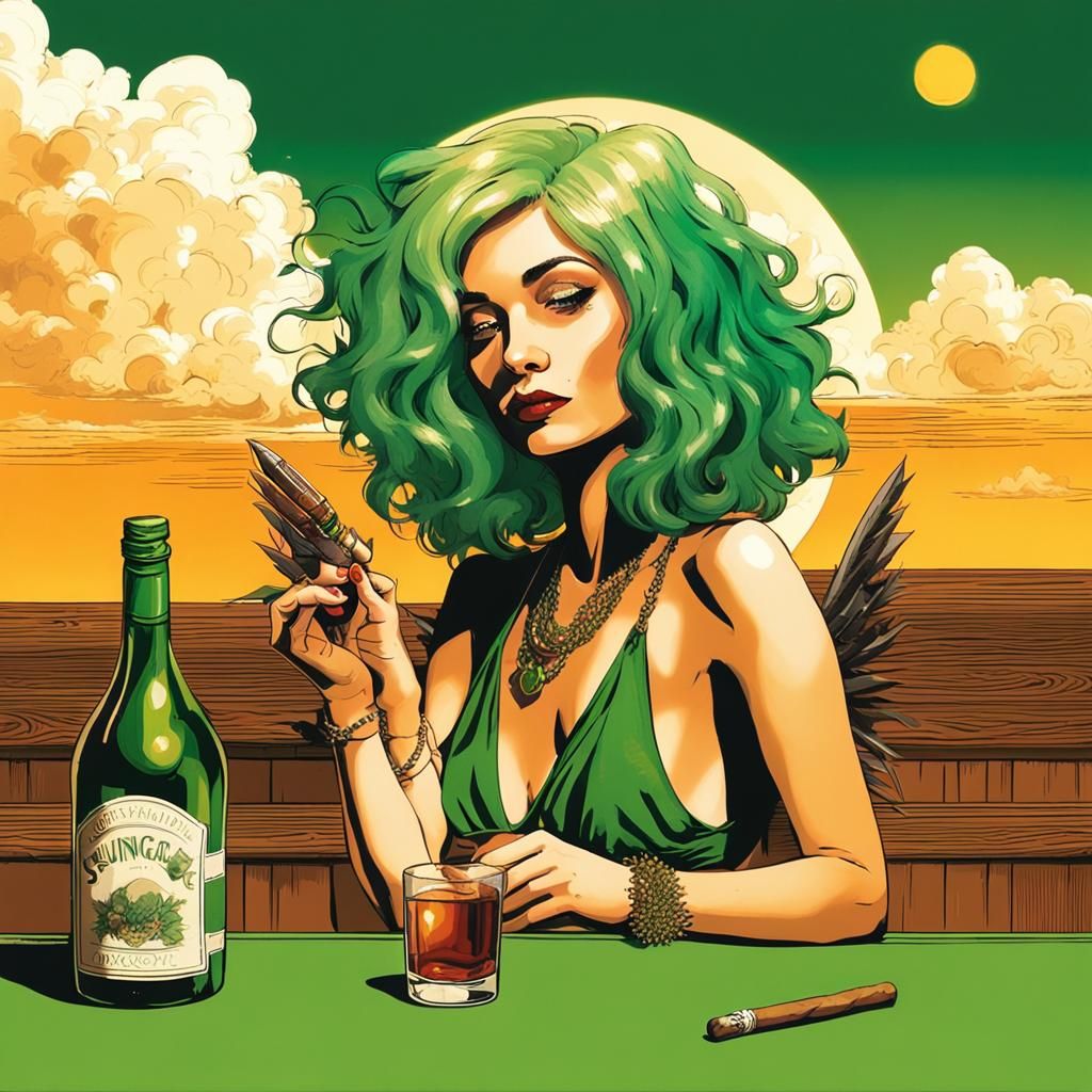Angel with Green Hair Enjoys Cigar in Heaven