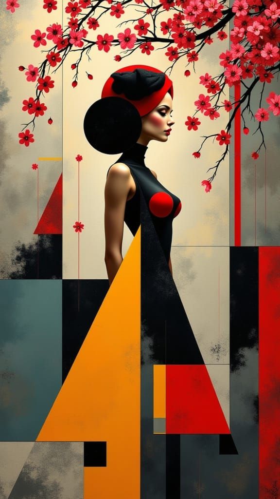 Mondrian-Inspired Figure Study in Cherry Blossom Garden