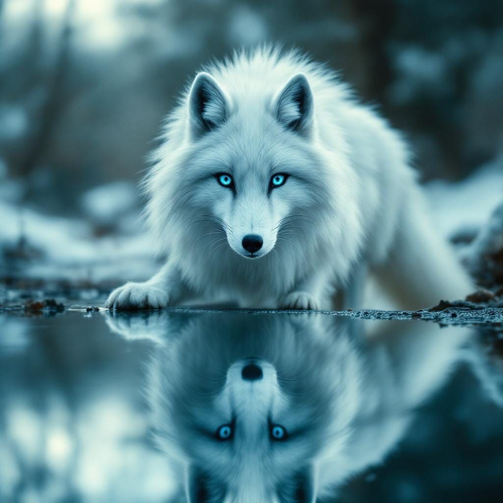 Majestic White Fox Mirrored in Reflecting Pool