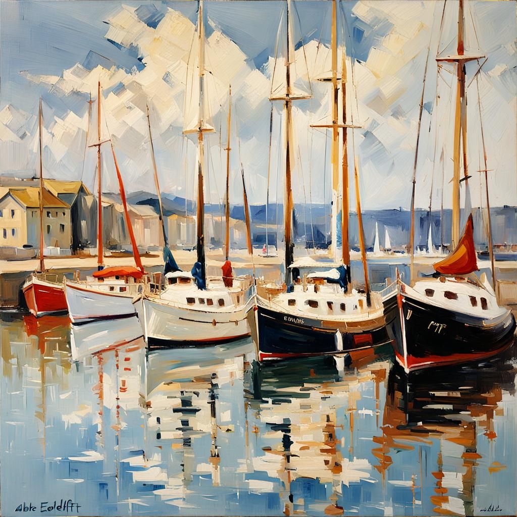 Harbor Yachts in Sunny Impasto Oil Painting