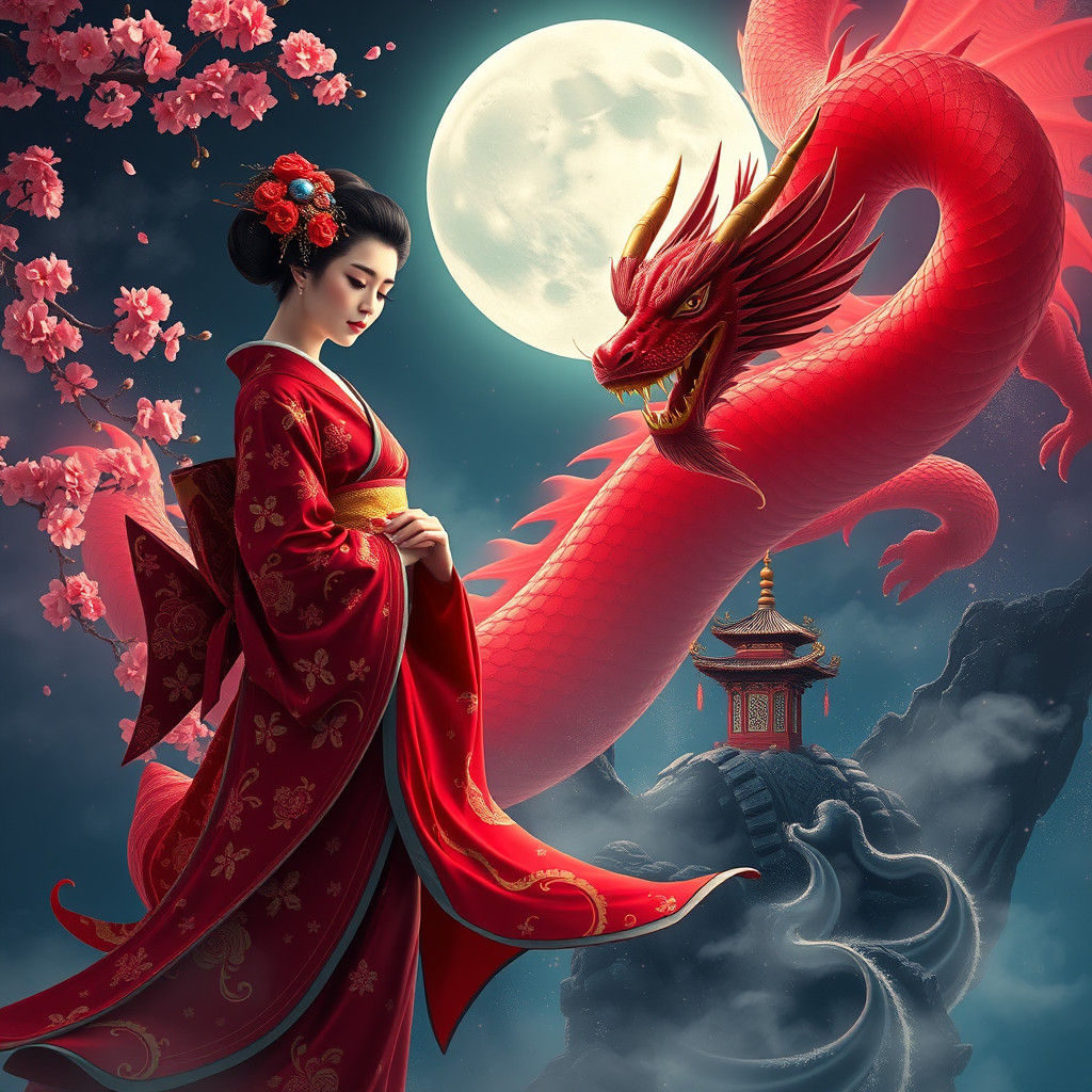 Geisha and Dragon in Moonlit Fantasy Landscape