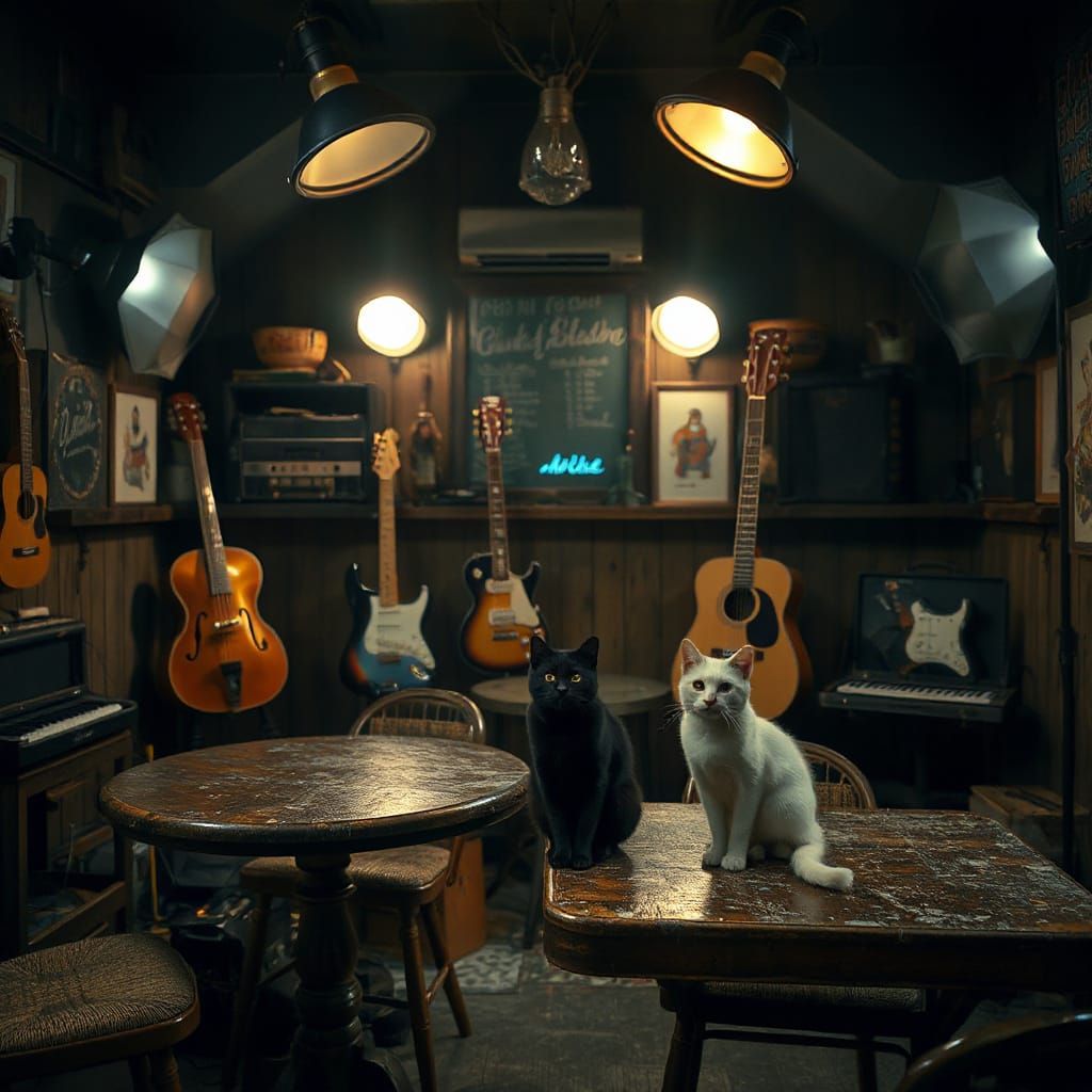 Cozy Blues Salon with Cats in Cinematic Lighting