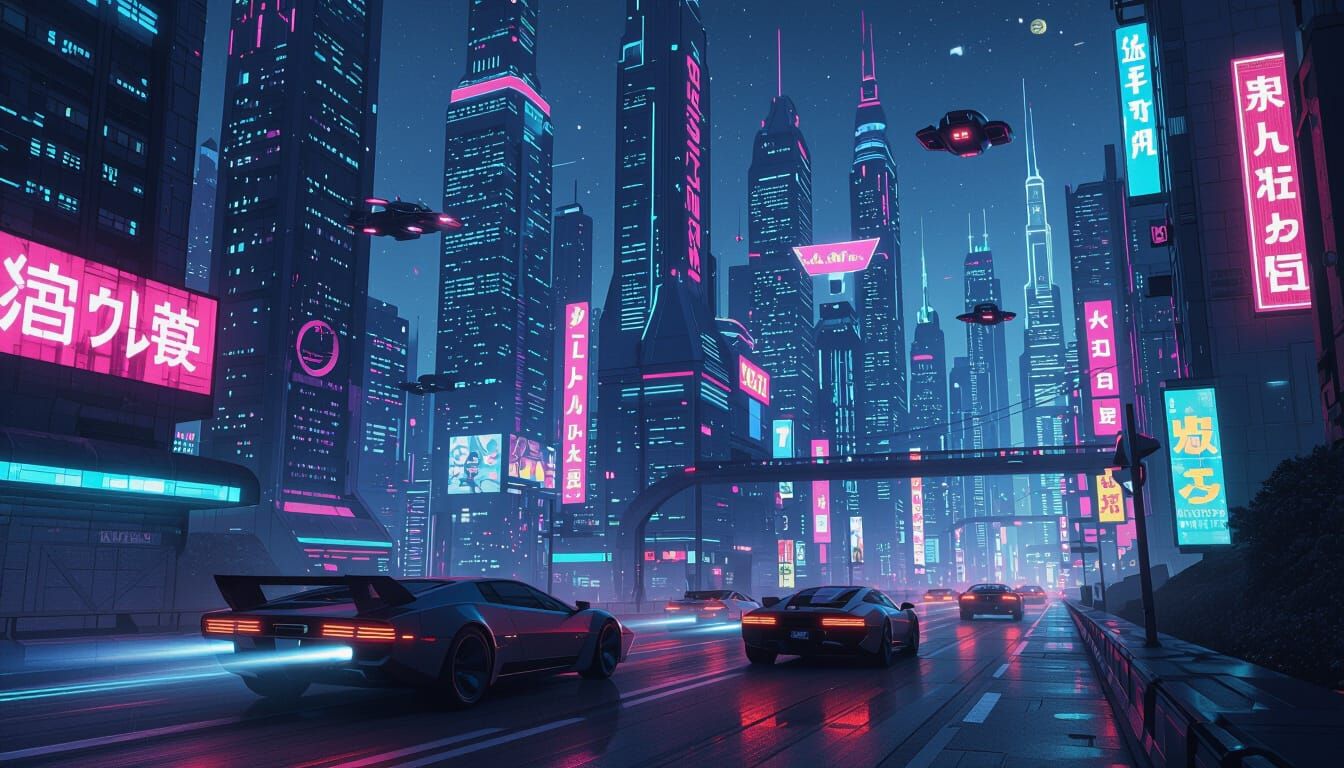 Futuristic Metropolis in Synthwave Cyberpunk Style