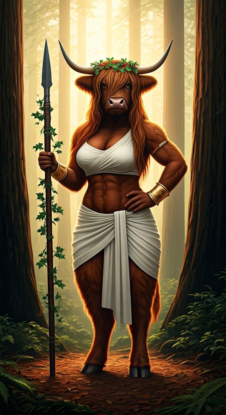 Regal Highland Cow Minotaur in Golden Redwood Forest