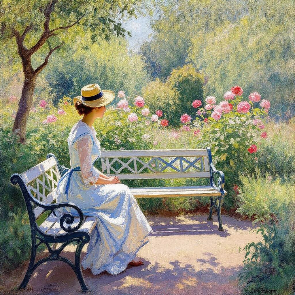 Woman in English Garden, Impressionistic Watercolor Painting