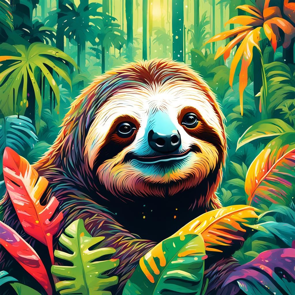 Cute Sloth in Tropical Forest Graffiti Art