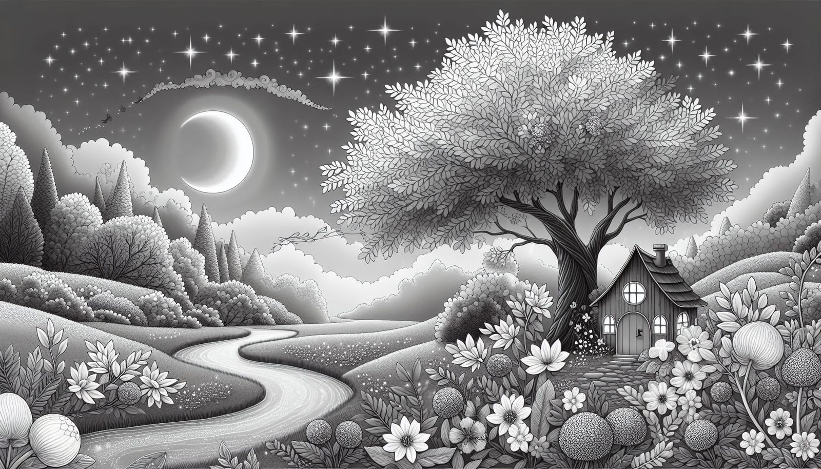 Luminescent Grayscale Fairy Landscape Illustration