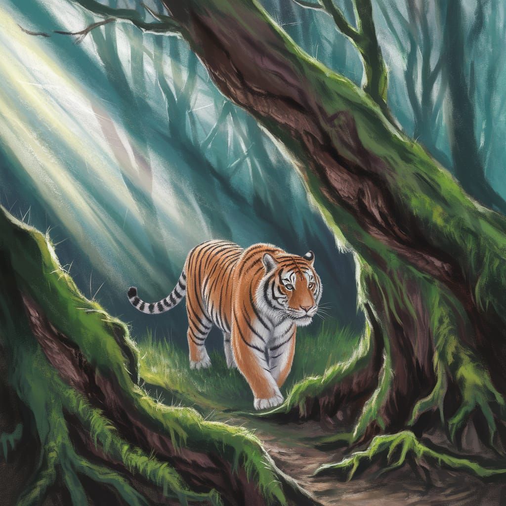 White Siberian Tiger in Ancient Forest