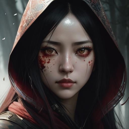 Crimson Assassin in Shadows: Watercolor Portrait