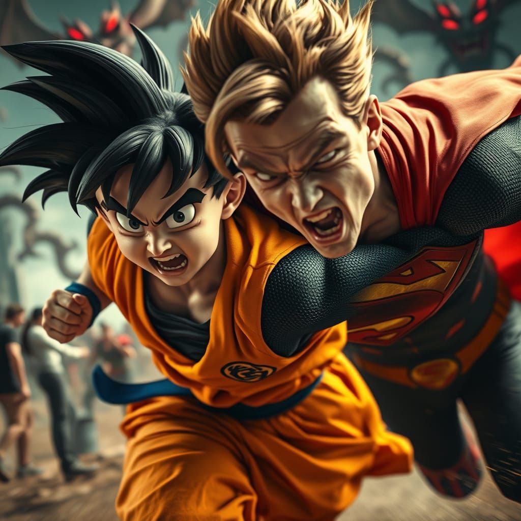 Super Saiyan Goku and Thrilled Superman Battle Evil Demons