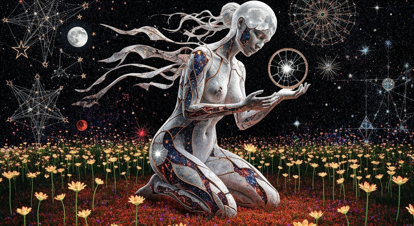 Ethereal Woman Sculpture in Field of Bioluminescent Flora