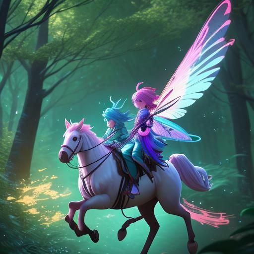 Fairy on Hummingbird in Glowing Forest: Anime Art