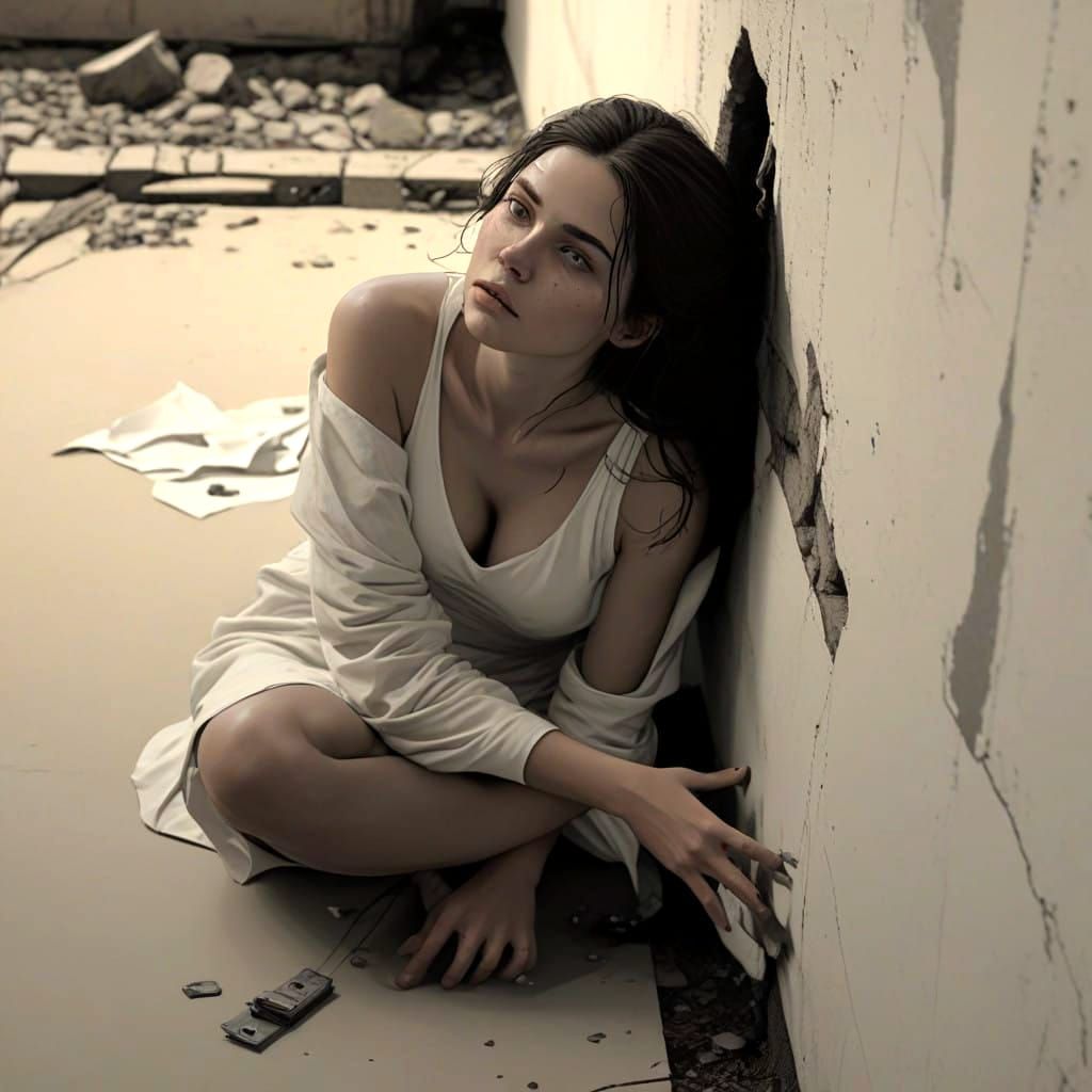 Woman in Decadent Repose on Crumbling Brick Wall