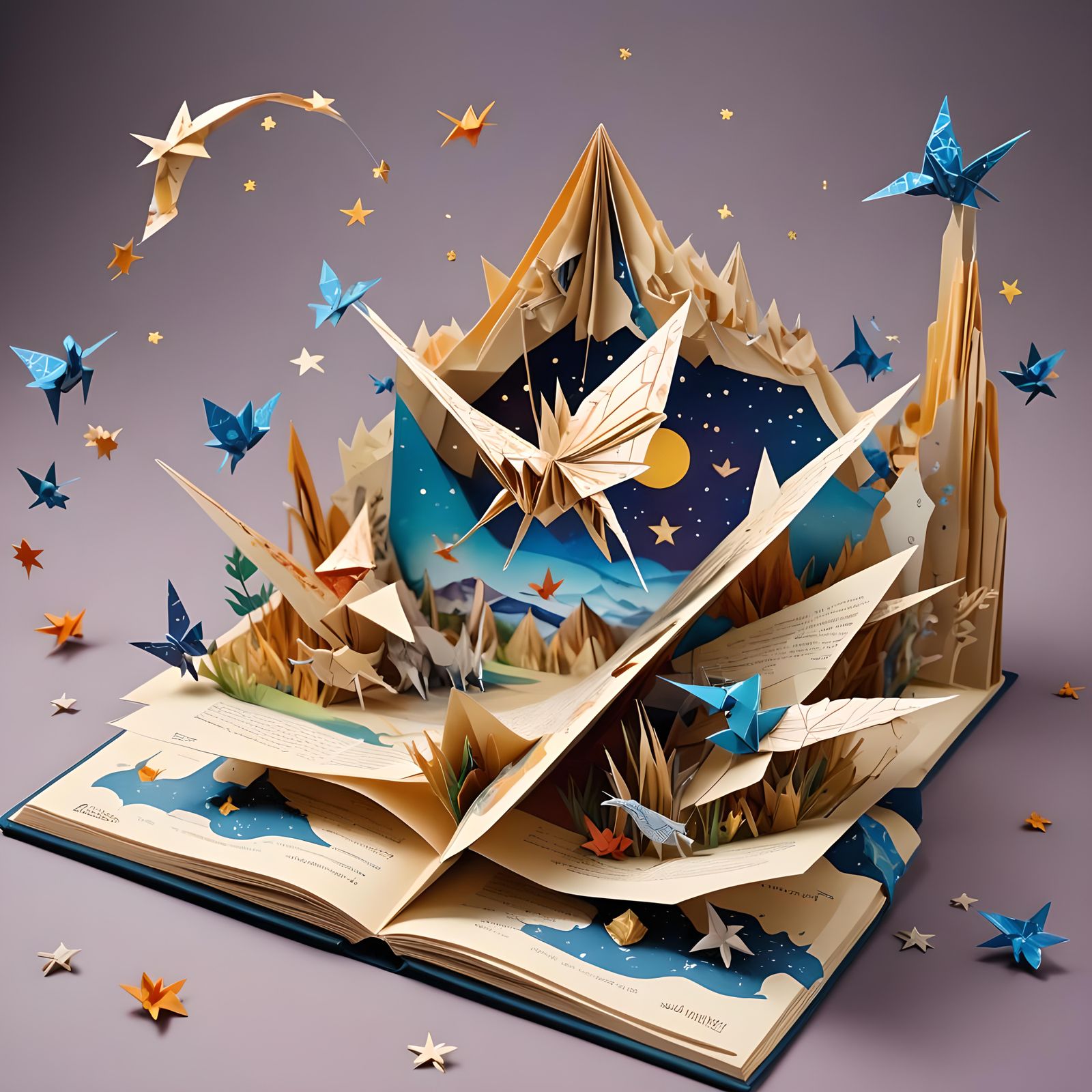 An origami style pop-up book::fantasy::pop-up pages come to life::cosmic lifelike