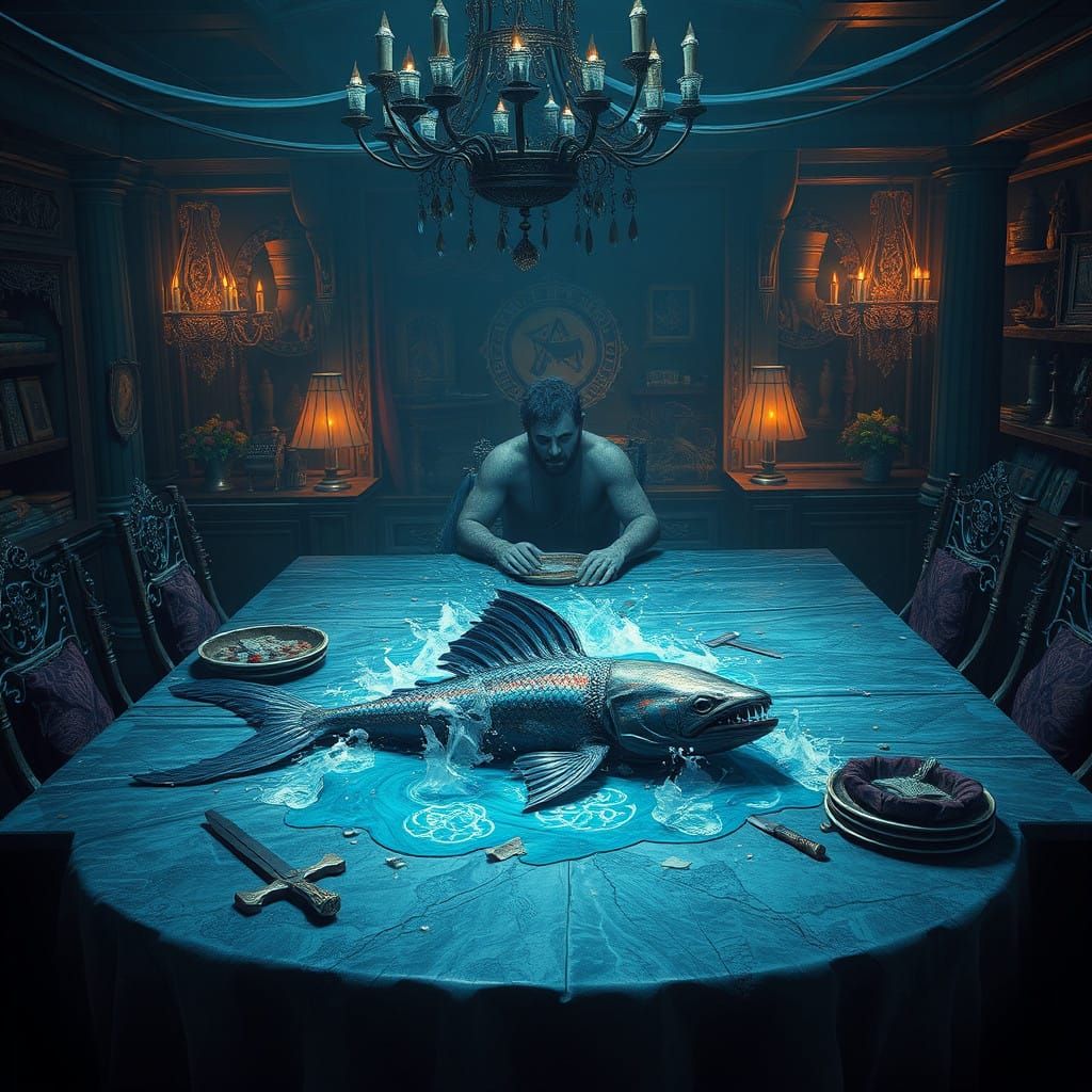 Merman on a Hunter's Table in a Detailed Fantasy Scene