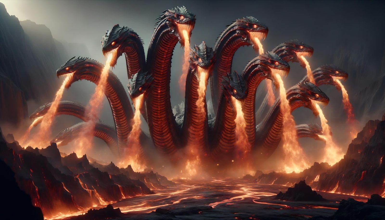 Epic Fantasy Pyrohydra in Volcanic Landscape