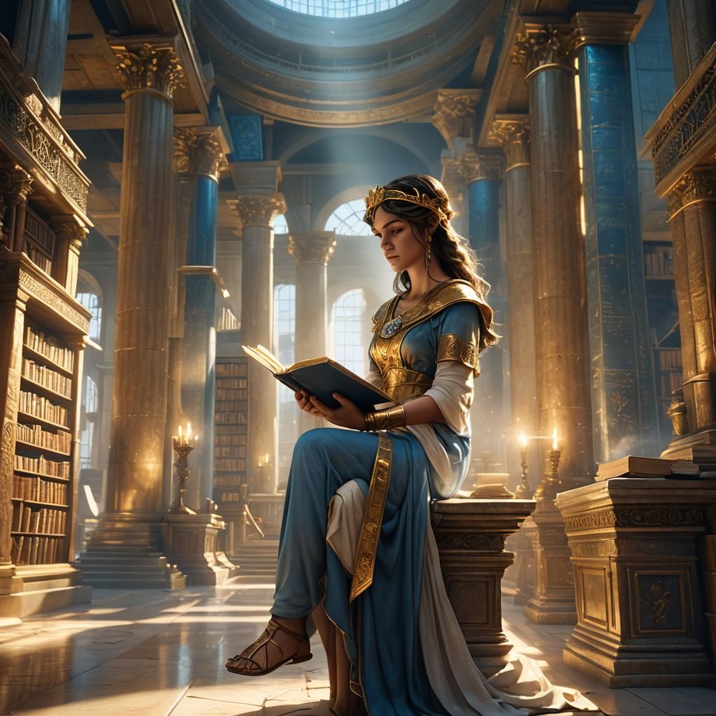 Athena Reading in Alexandria, Fantasy Art Nouveau