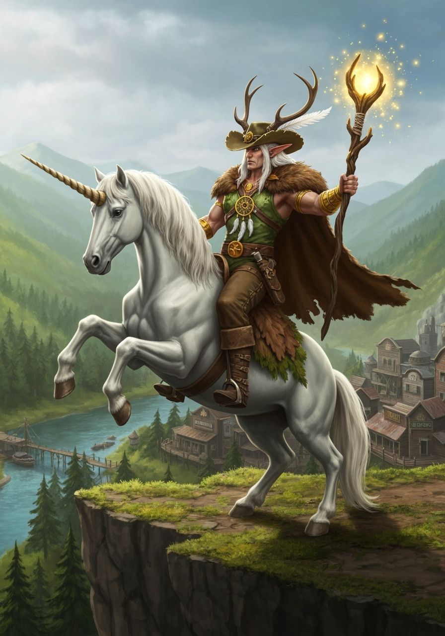Druid Cowboy Rides Rearing Unicorn on Cliff Edge