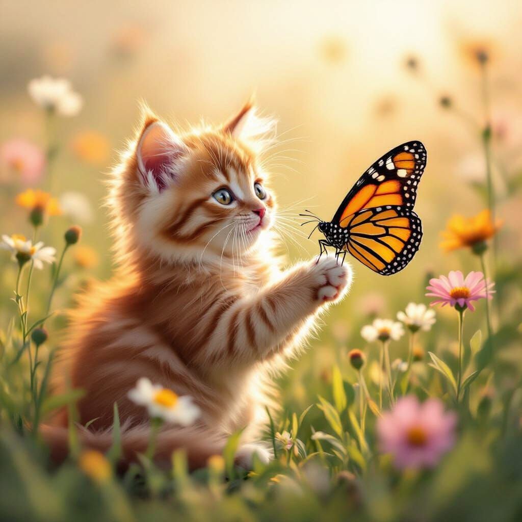 Surprised Kitten Meets Butterfly in Sunlit Meadow