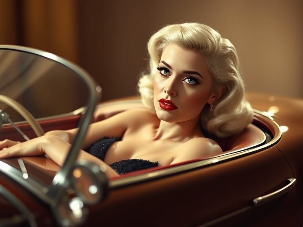 Glamorous Hollywood Starlet on Classic Sportscar