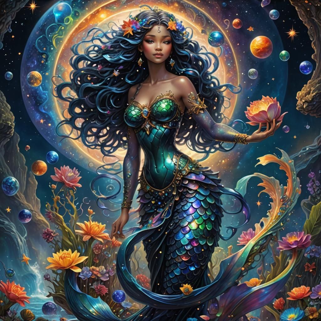 Black Mermaid with Rainbow Tail, Digital Matte Painting